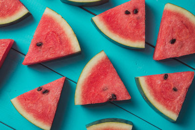 High angle view of chopped fruits on table