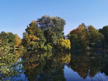 Reflection of trees in lake against clear sky