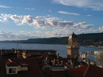 View of town against cloudy sky