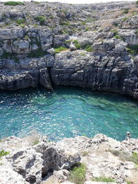 High angle view of rocks by sea