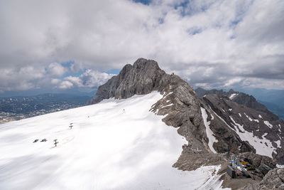 Scenic view of snowcapped mountains by sea against sky