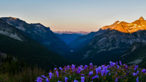 Scenic view of mountains against sky during sunset