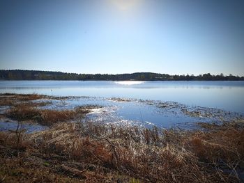 Scenic view of lake against clear sky