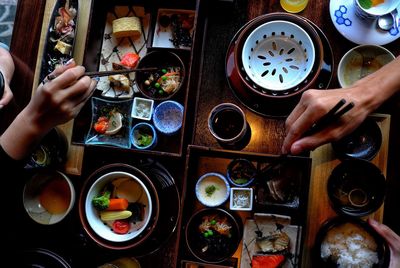 High angle view of man having food