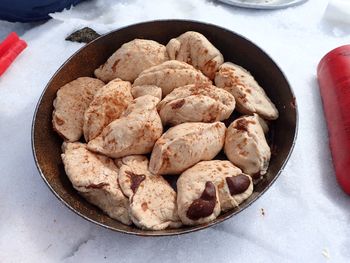 High angle view of bread in container on table