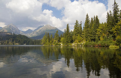 Scenic view of mountains and trees reflection in strbske pleso lake