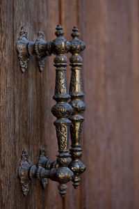 Close-up of wooden door handle