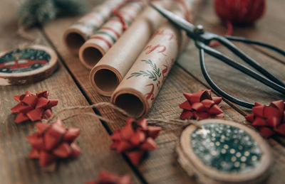 High angle view of christmas decorations on table