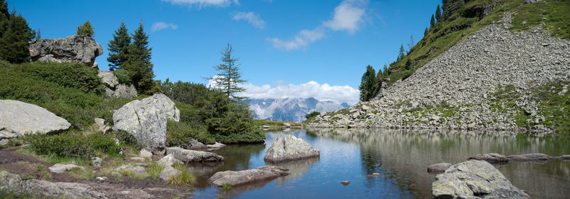 Panoramic view of lake and mountains against sky