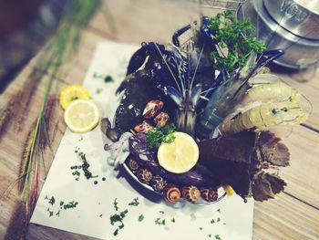 High angle view of seafood in plate on table