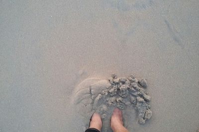 Low section of woman standing on sand at beach