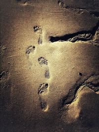 High angle view of footprints on sand at beach