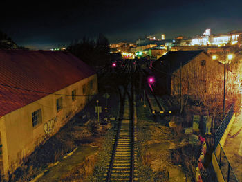 High angle view of illuminated city at night