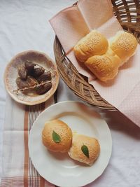 High angle view of dessert served on table