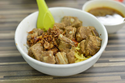 Close-up of meal served in bowl on table