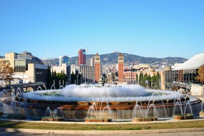 Panoramic shot of buildings against clear blue sky
