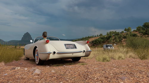 Car on road by field against sky