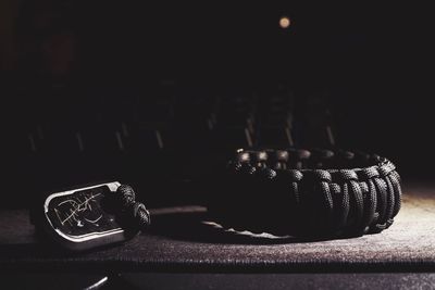 Close-up of eyeglasses on black background