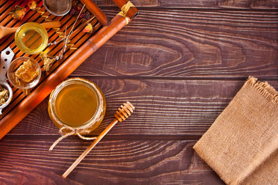 High angle view of objects on table