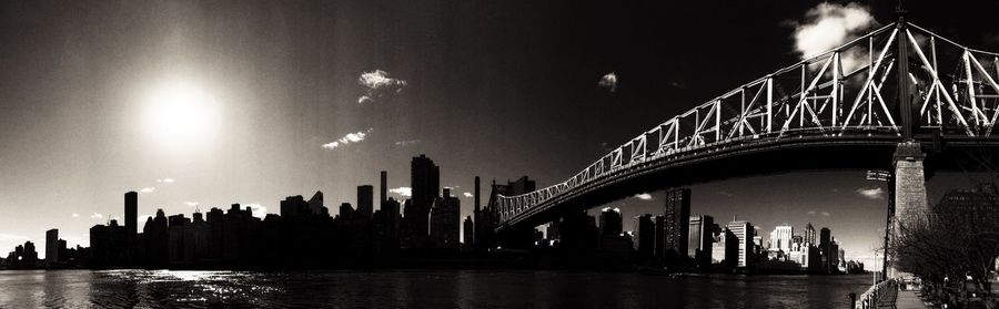 Panoramic view of bridge over river and buildings against sky