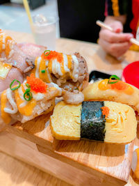 High angle view of sushi served on table