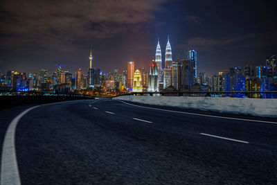 View of city lit up at night