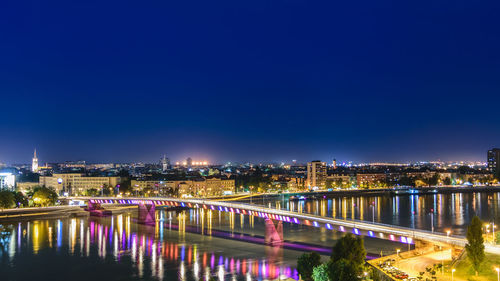 Illuminated bridge over river in city against clear blue sky