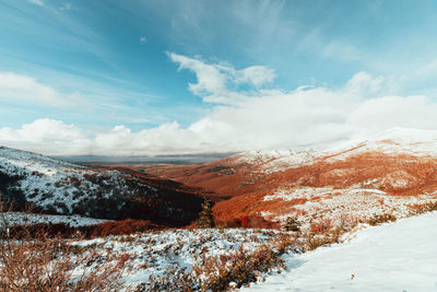 Snow covered landscape against sky