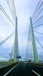 Low angle view of suspension bridge against sky