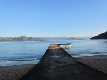 Scenic view of sea against clear blue sky