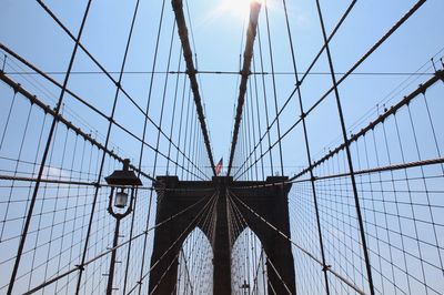 Low angle view of suspension bridge against sky