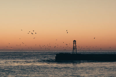 Silhouette birds flying over pier at sea against orange sky