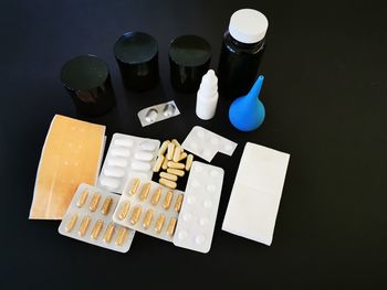 High angle view of food on table against black background
