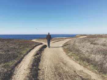 Rear view of man walking on road at beach against clear sky