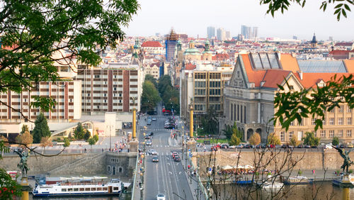 High angle view of street amidst buildings in city