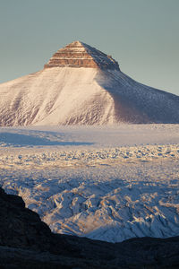 Scenic view of snowcapped mountains against clear sky