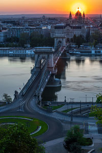 Aerial view of bridge over river in city