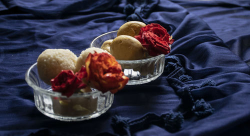 High angle view of ice cream in bowl on table