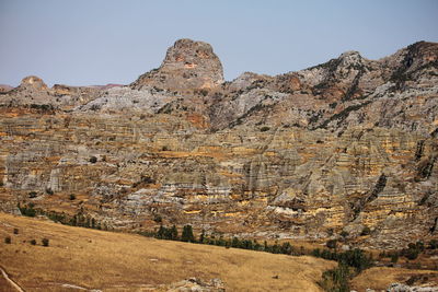 Scenic view of rocky mountains against clear sky