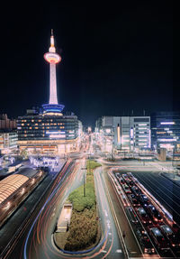 High angle view of light trails on road at night