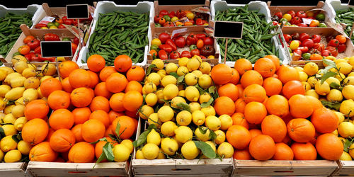 High angle view of fruits for sale at market stall