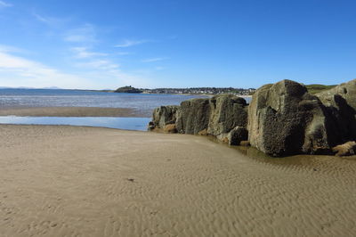 Scenic view of beach against blue sky