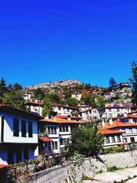 High angle view of townscape against clear blue sky