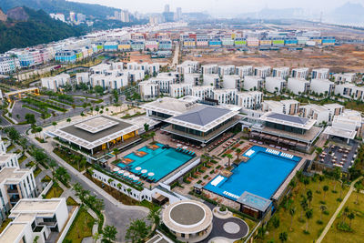 High angle view of buildings in city