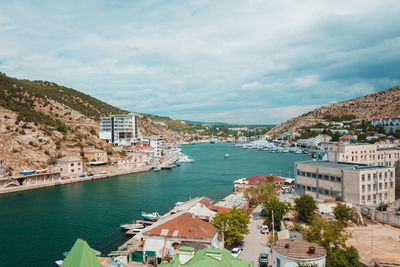 High angle view of buildings in city