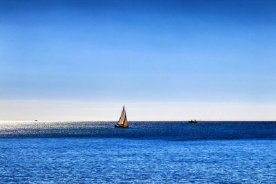 Sailboat sailing in sea against blue sky