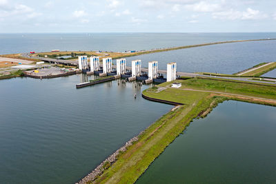 Aerial from the houtrib sluices near lelystad in the netherlands