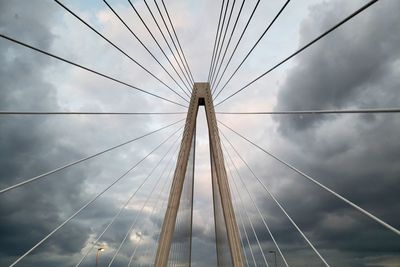 Low angle view of suspension bridge against cloudy sky