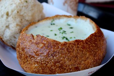 Close-up of clam chowder served in bowl