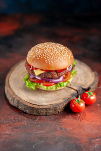 Close-up of burger on table